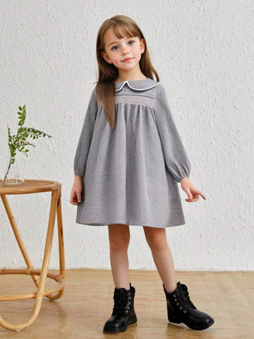 Girls Casual Prep Style Houndstooth Pattern Long Sleeve Collared Dress, Autumn/Winter
