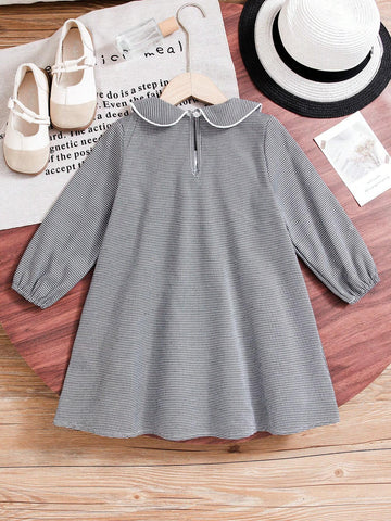 Girls Casual Prep Style Houndstooth Pattern Long Sleeve Collared Dress, Autumn/Winter