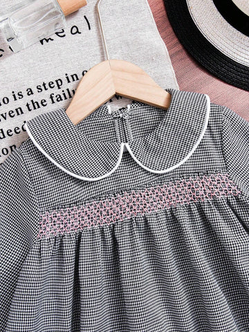 Girls Casual Prep Style Houndstooth Pattern Long Sleeve Collared Dress, Autumn/Winter