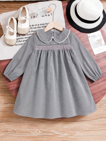 Girls Casual Prep Style Houndstooth Pattern Long Sleeve Collared Dress, Autumn/Winter