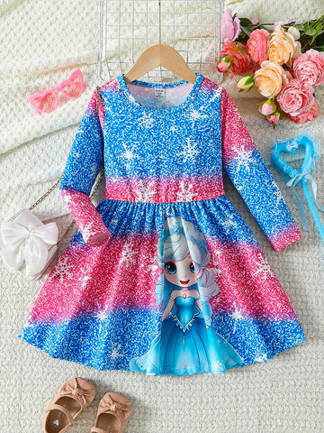Girls Casual Princess Printed Mid-Length Dress - Round Neck, Cute & Comfortable, Suitable For Spring/Autumn, Daily Sweet Casual Dress