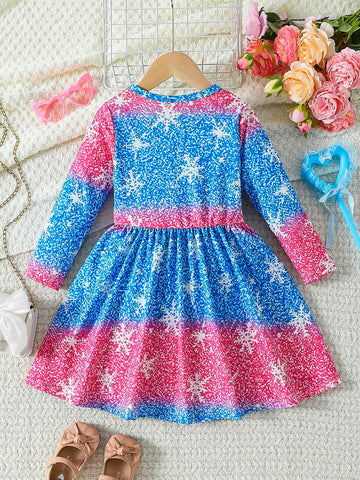 Girls Casual Princess Printed Mid-Length Dress - Round Neck, Cute & Comfortable, Suitable For Spring/Autumn, Daily Sweet Casual Dress