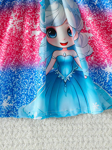 Girls Casual Princess Printed Mid-Length Dress - Round Neck, Cute & Comfortable, Suitable For Spring/Autumn, Daily Sweet Casual Dress
