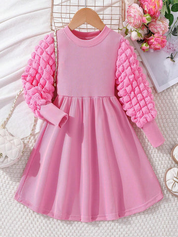 Girls Casual Puff Sleeve Party Dress, Multi-Season