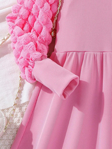 Girls Casual Puff Sleeve Party Dress, Multi-Season