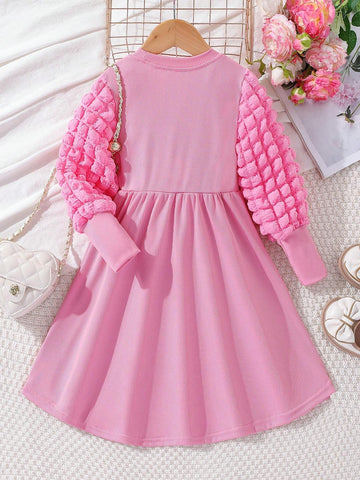 Girls Casual Puff Sleeve Party Dress, Multi-Season