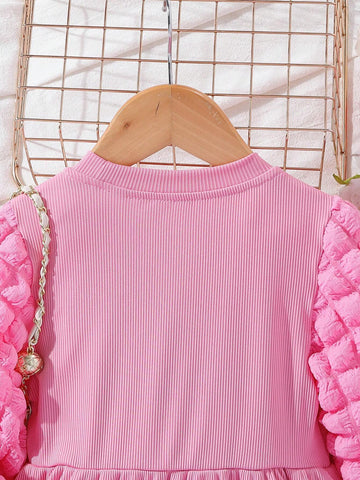 Girls Casual Puff Sleeve Party Dress, Multi-Season