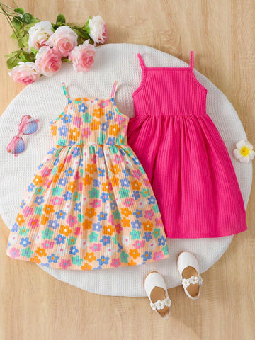 Girls' Casual Ribbed Digital Printed Red & Pink Dress