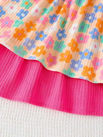 Girls' Casual Ribbed Digital Printed Red & Pink Dress