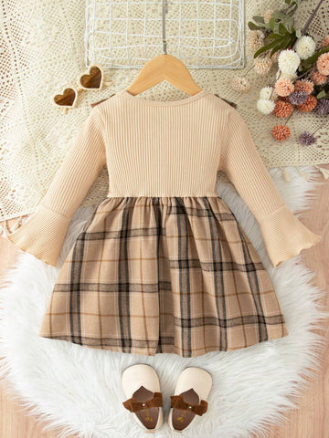 Girls' Casual Round Neck Ruffle Bell Sleeve Bow Tie Dress