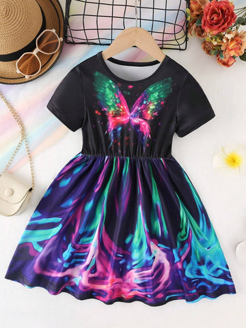 Girls' Casual Round Neck Short Sleeve Butterfly Print A-Line Dress With Flared Hem
