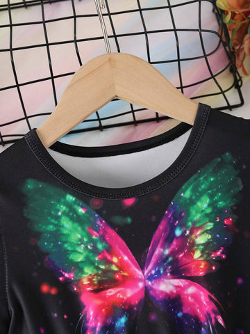 Girls' Casual Round Neck Short Sleeve Butterfly Print A-Line Dress With Flared Hem