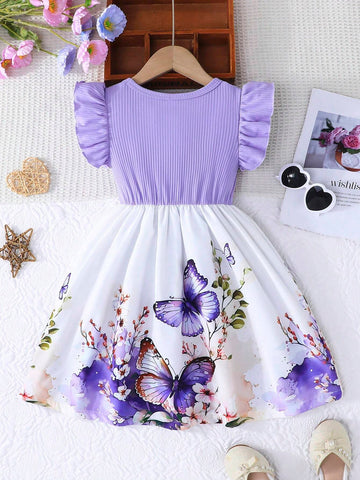 Girls Casual Ruffle Sleeve Bow Tie Waist Rose Floral Print Dress, Summer