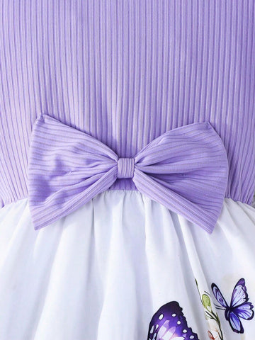 Girls Casual Ruffle Sleeve Bow Tie Waist Rose Floral Print Dress, Summer