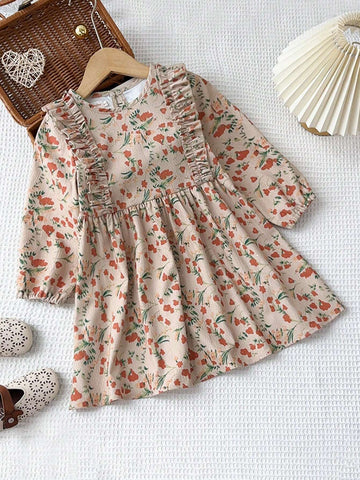 Girls Casual Ruffle Trim Ditsy Floral Round Neck Long Sleeve Dress, Autumn Winter