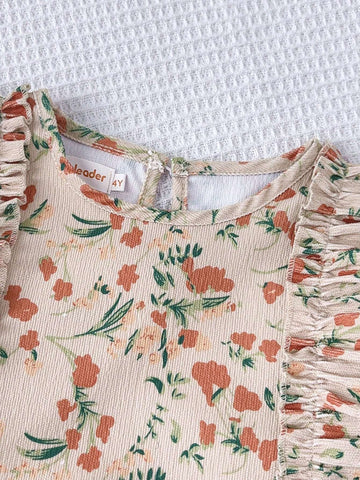 Girls Casual Ruffle Trim Ditsy Floral Round Neck Long Sleeve Dress, Autumn Winter