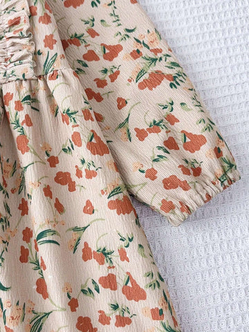Girls Casual Ruffle Trim Ditsy Floral Round Neck Long Sleeve Dress, Autumn Winter