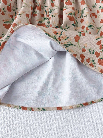 Girls Casual Ruffle Trim Ditsy Floral Round Neck Long Sleeve Dress, Autumn Winter