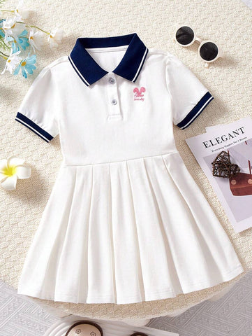 Girls Casual School Style Dress, Toddler Kid Short Sleeve Cute Rabbit Embroidered Polo Collar White Pleated Dress