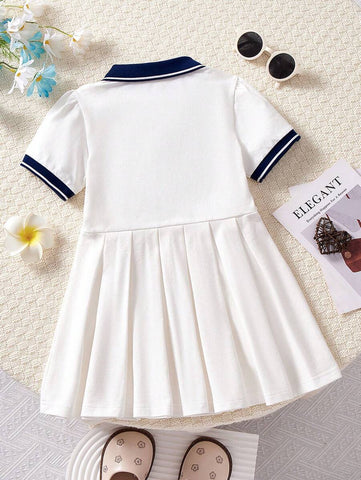 Girls Casual School Style Dress, Toddler Kid Short Sleeve Cute Rabbit Embroidered Polo Collar White Pleated Dress