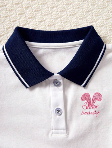 Girls Casual School Style Dress, Toddler Kid Short Sleeve Cute Rabbit Embroidered Polo Collar White Pleated Dress