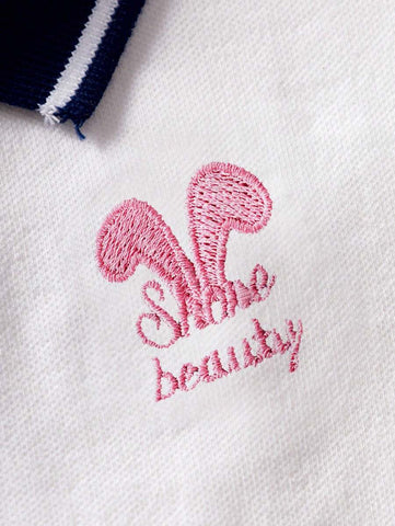 Girls Casual School Style Dress, Toddler Kid Short Sleeve Cute Rabbit Embroidered Polo Collar White Pleated Dress