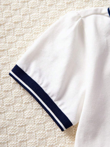 Girls Casual School Style Dress, Toddler Kid Short Sleeve Cute Rabbit Embroidered Polo Collar White Pleated Dress