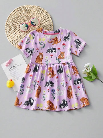 Girls' Casual Short Sleeve Cat Print Dress, Summer Breathable Design For Outdoor