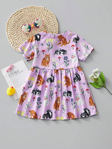 Girls' Casual Short Sleeve Cat Print Dress, Summer Breathable Design For Outdoor