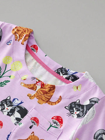 Girls' Casual Short Sleeve Cat Print Dress, Summer Breathable Design For Outdoor