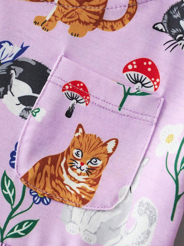 Girls' Casual Short Sleeve Cat Print Dress, Summer Breathable Design For Outdoor