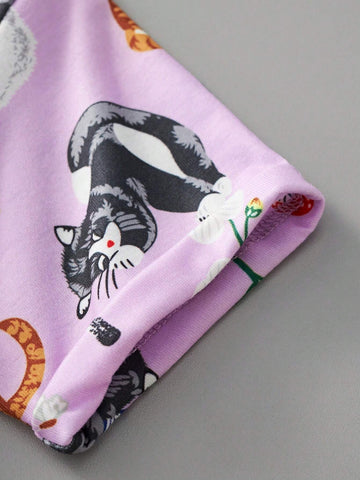 Girls' Casual Short Sleeve Cat Print Dress, Summer Breathable Design For Outdoor