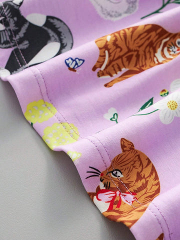 Girls' Casual Short Sleeve Cat Print Dress, Summer Breathable Design For Outdoor