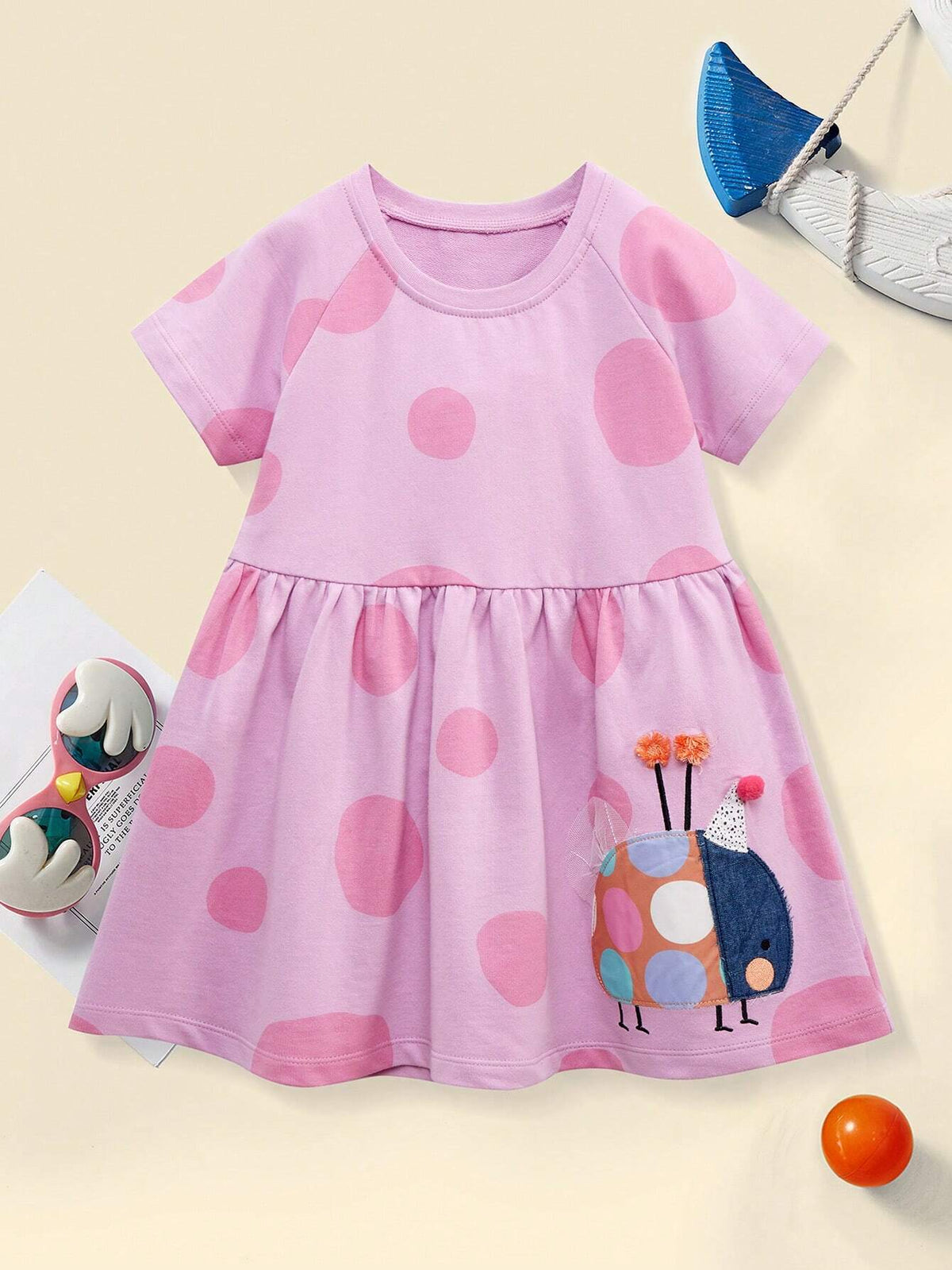 Girls' Casual Short Sleeve Dress With Round Neck, Seven-Spotted Ladybug Embroidery And Cartoon Pattern Print, Summer Stylish Design