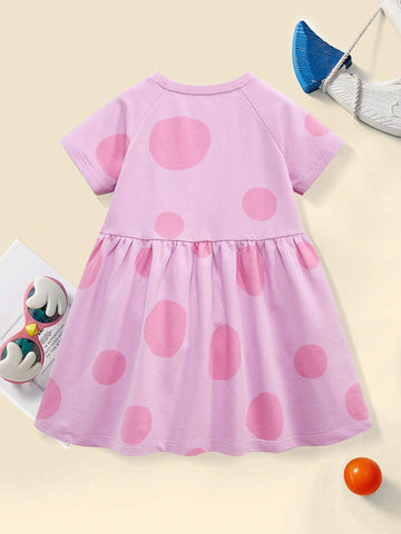 Girls' Casual Short Sleeve Dress With Round Neck, Seven-Spotted Ladybug Embroidery And Cartoon Pattern Print, Summer Stylish Design