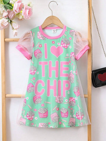 Girls" Casual Short Sleeve Mesh Dress With Letter Print, Lovely Princess Dress For Summer