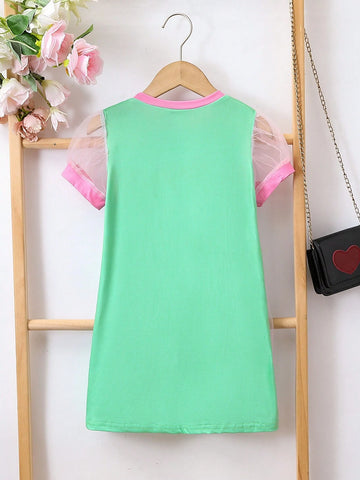 Girls" Casual Short Sleeve Mesh Dress With Letter Print, Lovely Princess Dress For Summer