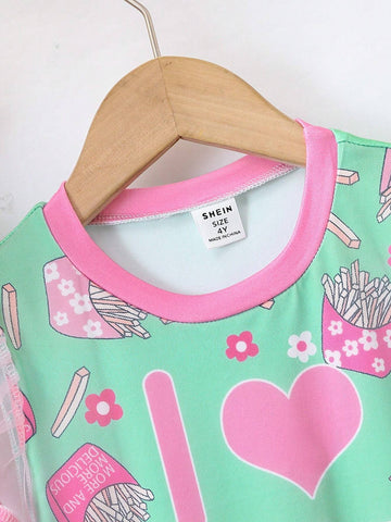 Girls" Casual Short Sleeve Mesh Dress With Letter Print, Lovely Princess Dress For Summer