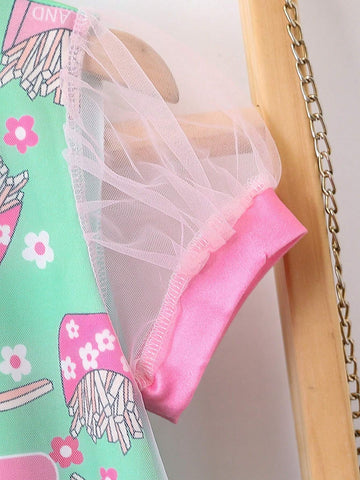 Girls" Casual Short Sleeve Mesh Dress With Letter Print, Lovely Princess Dress For Summer
