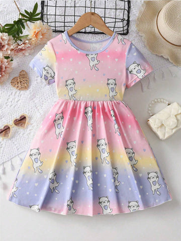 Girls' Casual Short Sleeve Round Neck A-Line Dress With Cartoon Print And Ombre Color