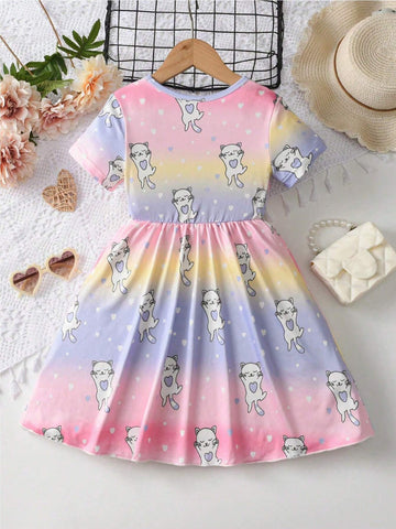 Girls' Casual Short Sleeve Round Neck A-Line Dress With Cartoon Print And Ombre Color