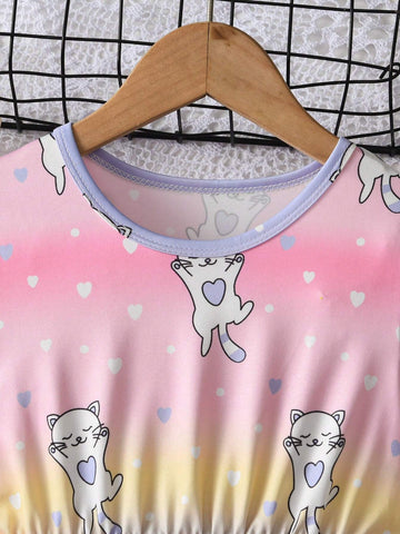 Girls' Casual Short Sleeve Round Neck A-Line Dress With Cartoon Print And Ombre Color