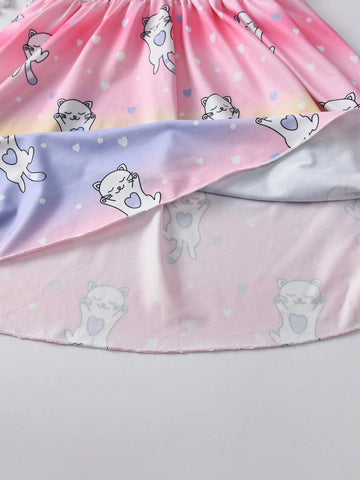 Girls' Casual Short Sleeve Round Neck A-Line Dress With Cartoon Print And Ombre Color