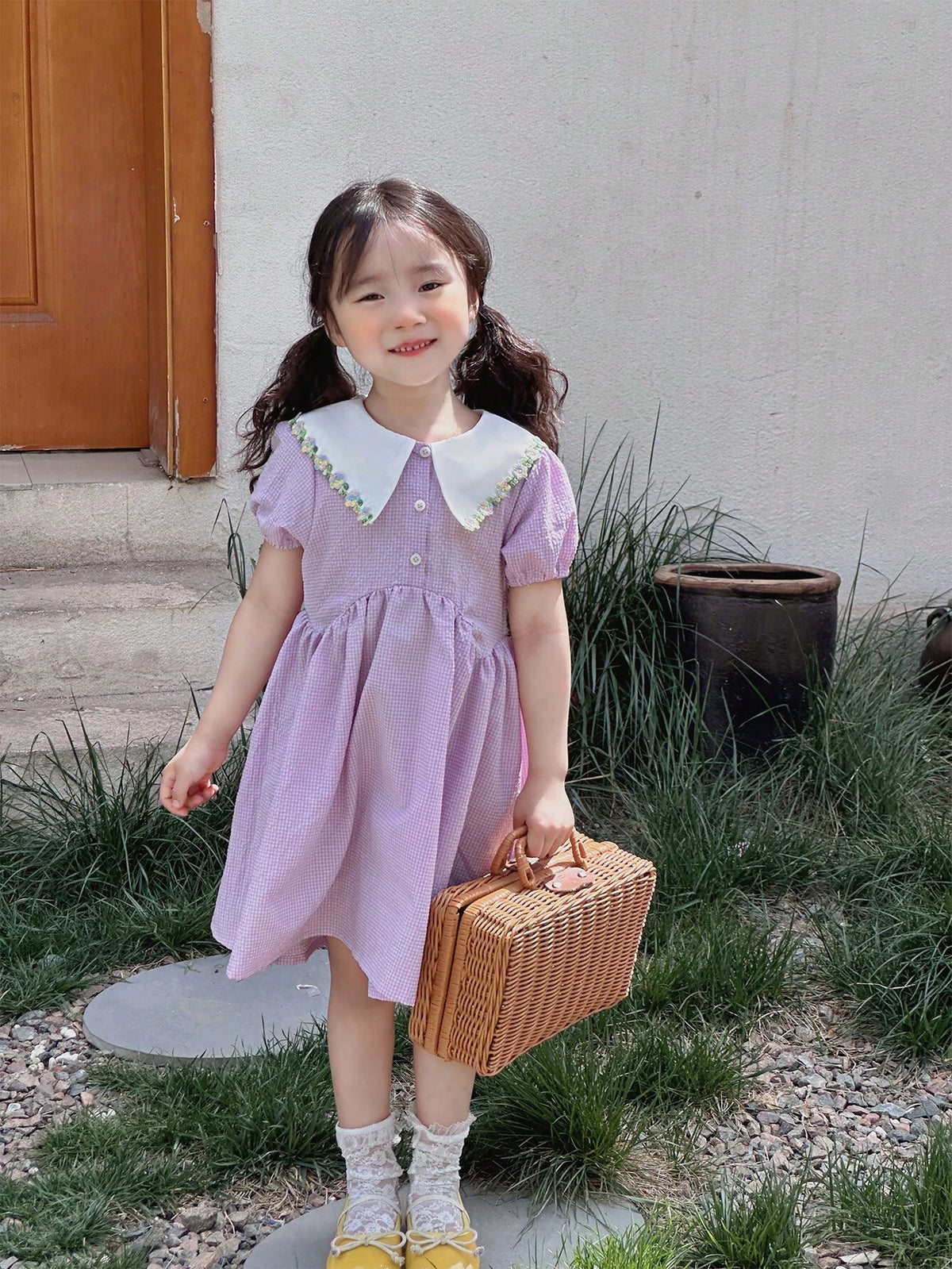 Girls' Casual Short Sleeve Turn-Down Collar Thin Spring/Summer Dress