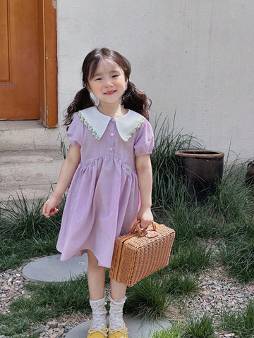 Girls' Casual Short Sleeve Turn-Down Collar Thin Spring/Summer Dress