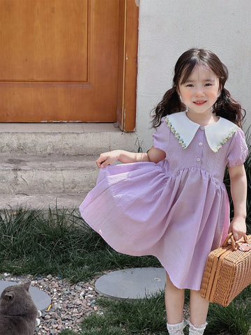 Girls' Casual Short Sleeve Turn-Down Collar Thin Spring/Summer Dress