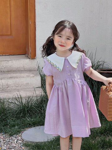 Girls' Casual Short Sleeve Turn-Down Collar Thin Spring/Summer Dress