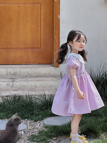 Girls' Casual Short Sleeve Turn-Down Collar Thin Spring/Summer Dress