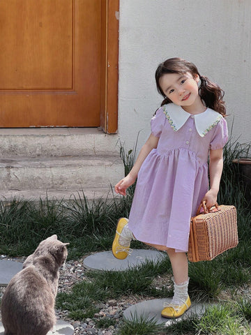 Girls' Casual Short Sleeve Turn-Down Collar Thin Spring/Summer Dress