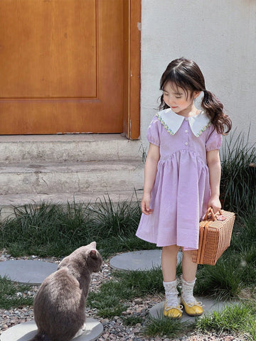 Girls' Casual Short Sleeve Turn-Down Collar Thin Spring/Summer Dress